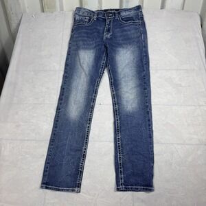 True Luck Mens Straight Jeans Blue Denim Back Flaps Stretch Whisker Size 30/32